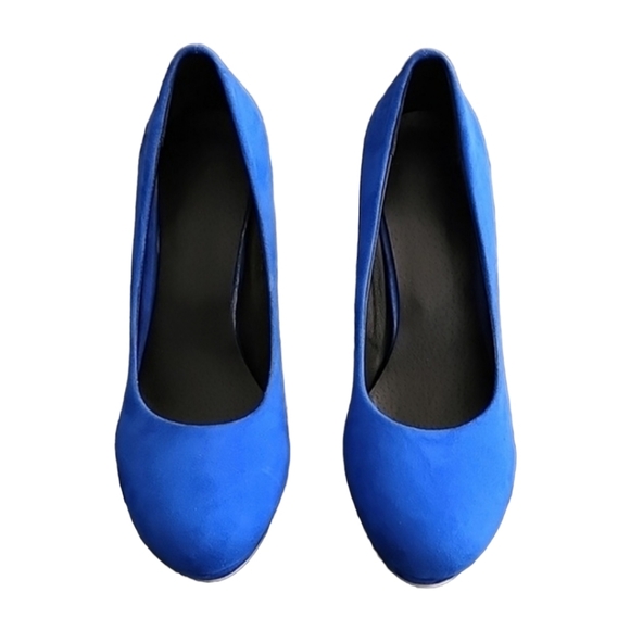 COBALT BLUE VEGAN SUEDE Platform Pumps 7.5 Heels Y2K Vibe Chunky Heel - Picture 5 of 16